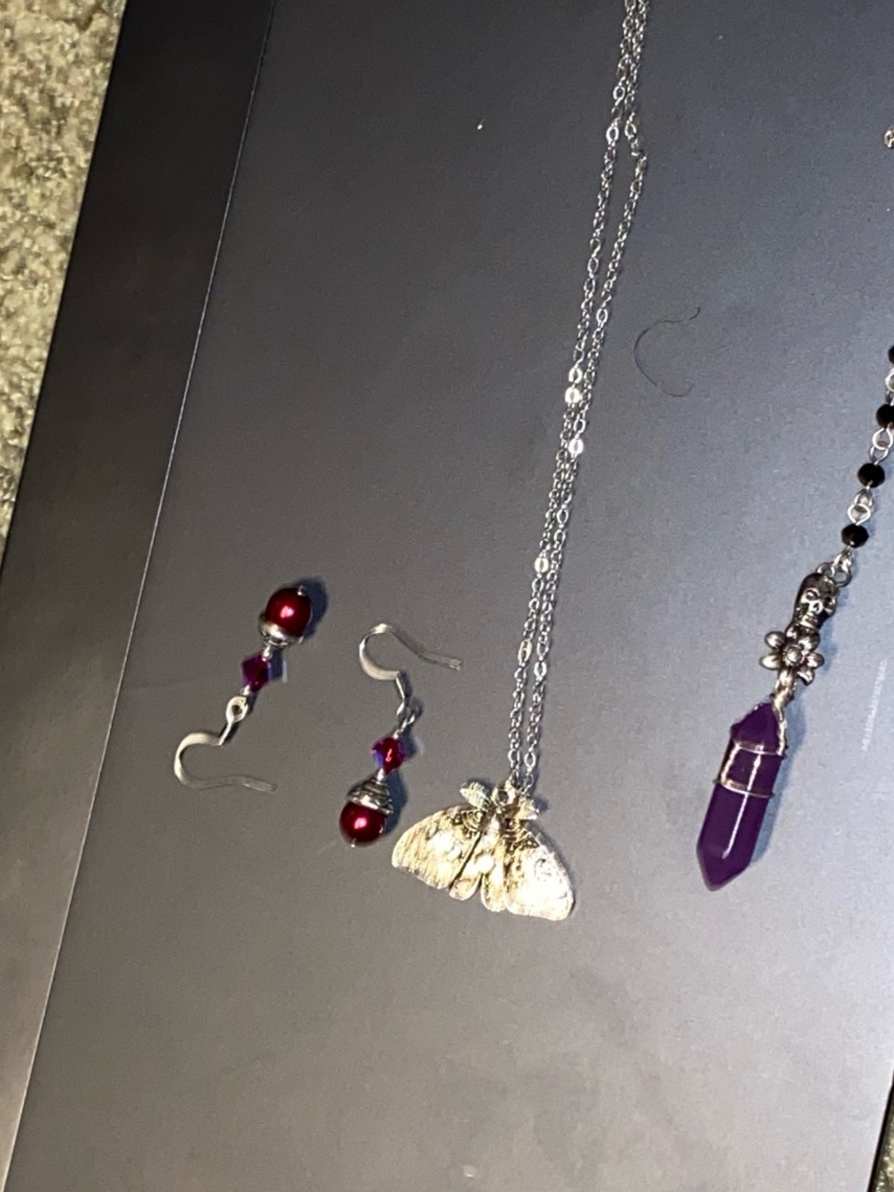 Hot Topic Silver Moth Necklace with Purple Gem and Red Bead Earrings